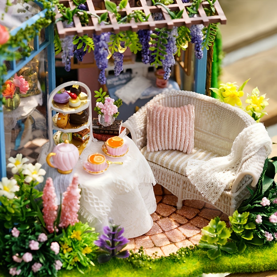 Maison de Thé Jardin Des Roses Faite À La Main, Cabane DIY Villa Jardin, Ornement D'artisanat En Bois, Puzzle Miniature En 3D, Kit de Montage de Scène Miniature, Décorations Pour La Maison, Cadeau D'anniversaire Créatif, Cadeau de La Saint-Valentin