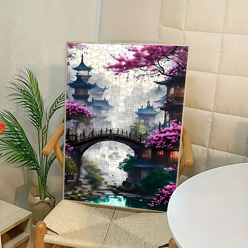 Puzzle Grand Défi 1000 pièces - Scène asiatique vibrante avec cerisiers en fleurs et pagodes, papier épais et résistant, art décoratif DIY pour amateurs, sans cadre - Cadeau idéal pour anniversaires, fêtes, casse-têtes, parfait pour Noël