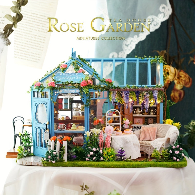 Maison de Thé Jardin Des Roses Faite À La Main, Cabane DIY Villa Jardin, Ornement D'artisanat En Bois, Puzzle Miniature En 3D, Kit de Montage de Scène Miniature, Décorations Pour La Maison, Cadeau D'anniversaire Créatif, Cadeau de La Saint-Valentin