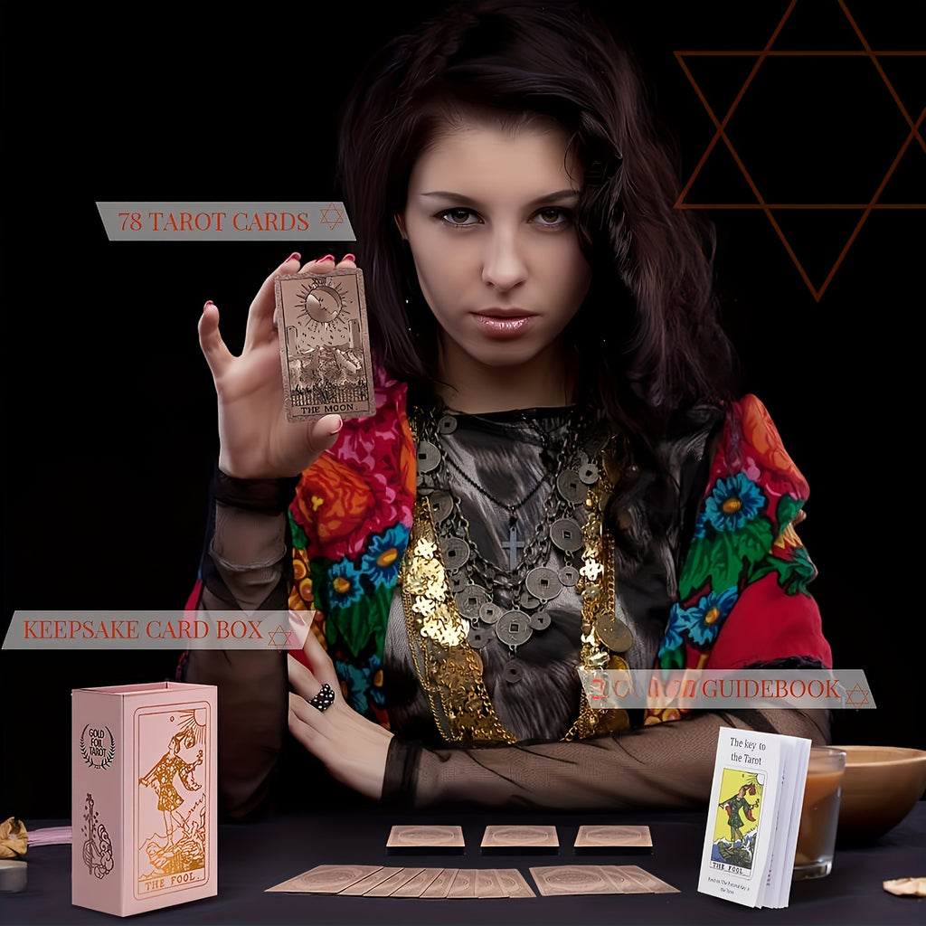 Cartes de Tarot Dorées Rose de Luxe, Jeu de 78 pièces avec Guide - Matériau PET Étanche et Résistant aux Rides, Taille Standard (4.72x2.76 pouces) - Parfait pour Débutants et Experts, Feuille Dorée, Jeu de Cartes de Tarot