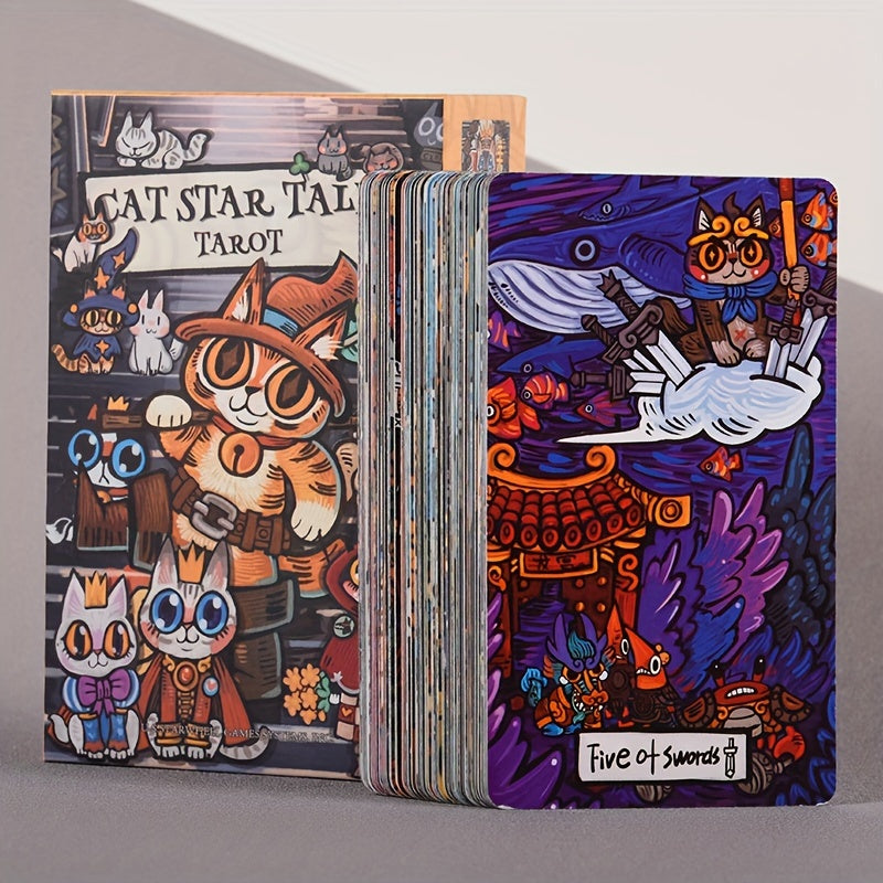 KEPNOY Cat Star Tales Tarot Deck, 78 cartes de taille standard, cartes de fortune en papier pour les jeux de fête, Halloween, Thanksgiving, cadeau de Noël, illustrations enchantantes