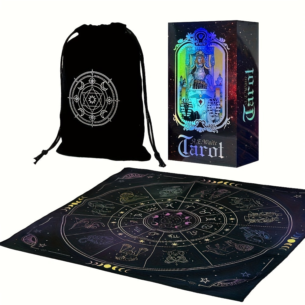 Jeu de Tarot, Ensemble de 78 Cartes Classiques avec Guide, Tapis de Constellation pour Autel et Pendule, Sac de Rangement Portable pour Cartes, Jouet de Divination Holographique pour Débutants et Lecteurs Experts (3pcs)