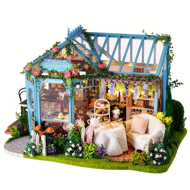 Maison de Thé Jardin Des Roses Faite À La Main, Cabane DIY Villa Jardin, Ornement D'artisanat En Bois, Puzzle Miniature En 3D, Kit de Montage de Scène Miniature, Décorations Pour La Maison, Cadeau D'anniversaire Créatif, Cadeau de La Saint-Valentin