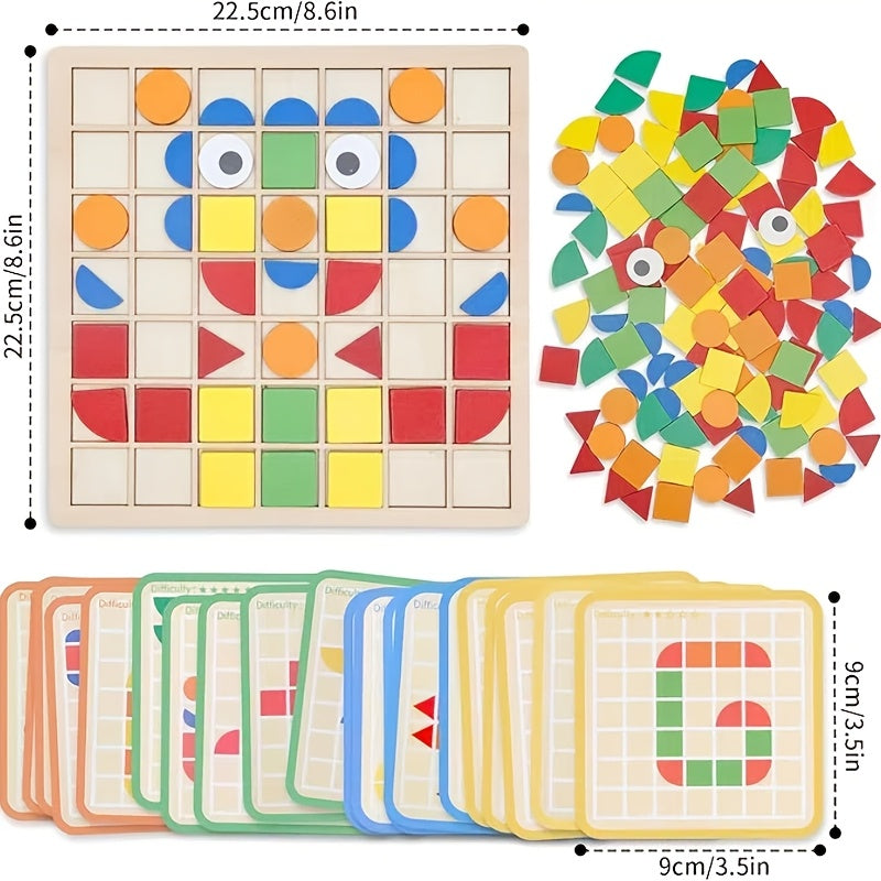 Un ensemble de puzzle mosaïque en bois 3D avec 20 cartes pour l'entraînement et l'association de blocs. Capacité de reconnaissance des couleurs adaptée aux garçons et aux filles. Cadeaux pour Noël, Nouvel An et la rentrée scolaire