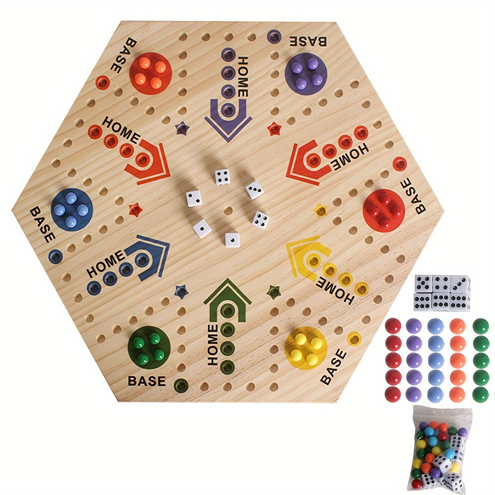Jeu d'Échecs en Bois 1 pièce, Peint à Double Face pour 2-6 Joueurs avec Échecs Volants et 24 Billes de 6 Couleurs + 6 Dés, Adapté aux Fêtes, Adultes, Famille & Amis