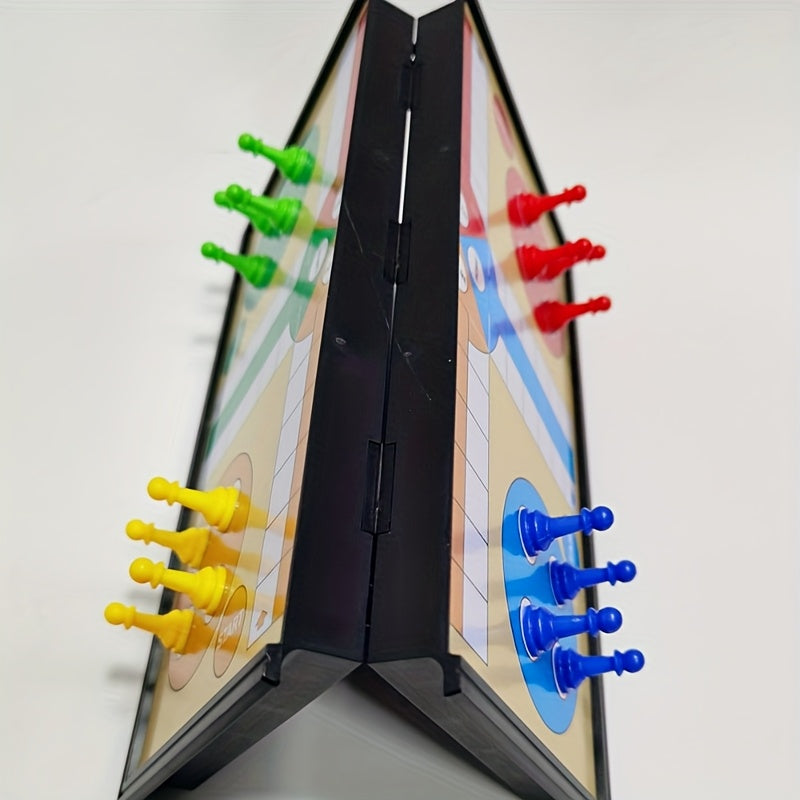 Jeu d'échecs volant magnétique 25x25 cm - 16 pièces colorées, 2 dés, plateau pliable portable pour réunions familiales, fêtes et événements sociaux | Jeu d'échecs coloré | Pièces magnétiques