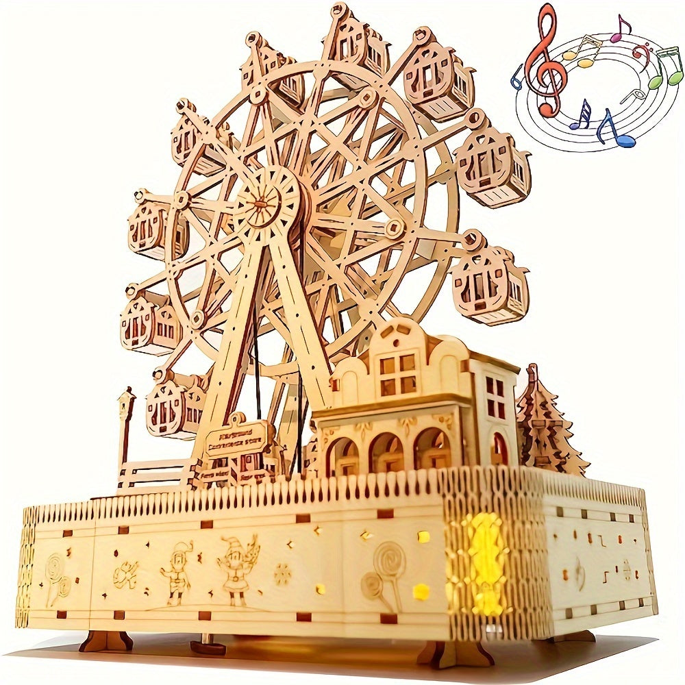 183pcs Puzzle en Bois 3D avec Boîte à Musique Grande Roue LED - Design de Carrousel Intricat, Multicolore, Idéal pour Adultes & Collectionneurs, Cadeau Parfait pour Noël, Halloween, Thanksgiving, Artisanat en Bois
