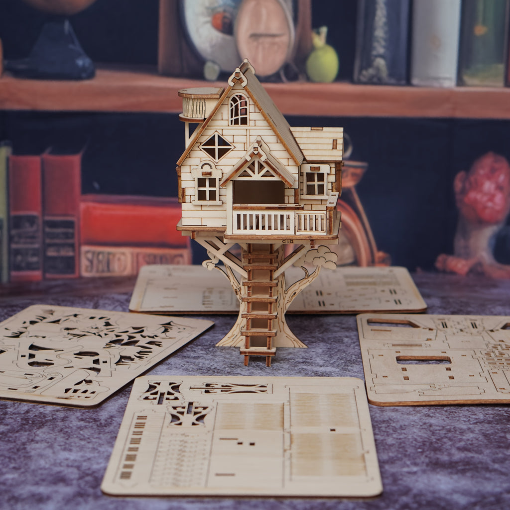 Kit de construction de cabane dans les arbres en bois 3D, modèle de construction de maison créative, blocs d'assemblage en bois, jaune, cadeau de Noël Halloween, catégorie Jouets et jeux