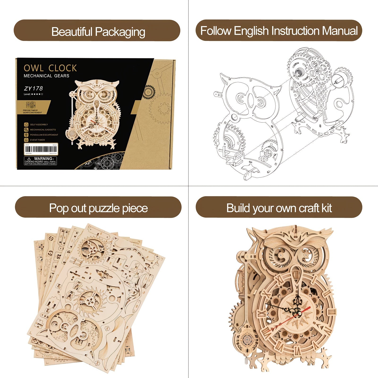 Puzzle en bois 3D - Kit de construction de modèle mécanique pour adultes - Puzzle horloge 161 pièces - Cadeau créatif pour la décoration de la maison - Parfait pour les puzzles à la maison, l'affichage au bureau et votre salon