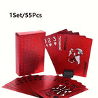 Jeu de 55 Cartes à Jouer Rouges, Étanches et Lavables, Décoration Métallique, Plastique Épais Durable, Prise en Main Confortable, Mélange Lisse, Convient pour les Fêtes et Événements