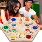 Un Jeu de Société en Bois de Haute Qualité à Double Face, Échiquier Volant pour Fête, pour 4-6 Joueurs, avec 6 Couleurs 24 Billes + 6 Dés, le Meilleur Choix pour les Passionnés de Jeux