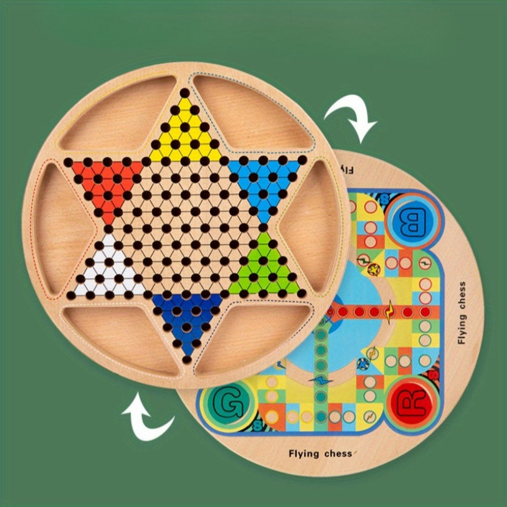 Ensemble de jeu de dames et d'échecs volants en bois 2 en 1 - Pièces colorées en forme d'étoile pour la famille, les fêtes et le jeu interactif, Soirée de jeu familial | Pièces en forme d'étoile | Ensemble de jeu en bois