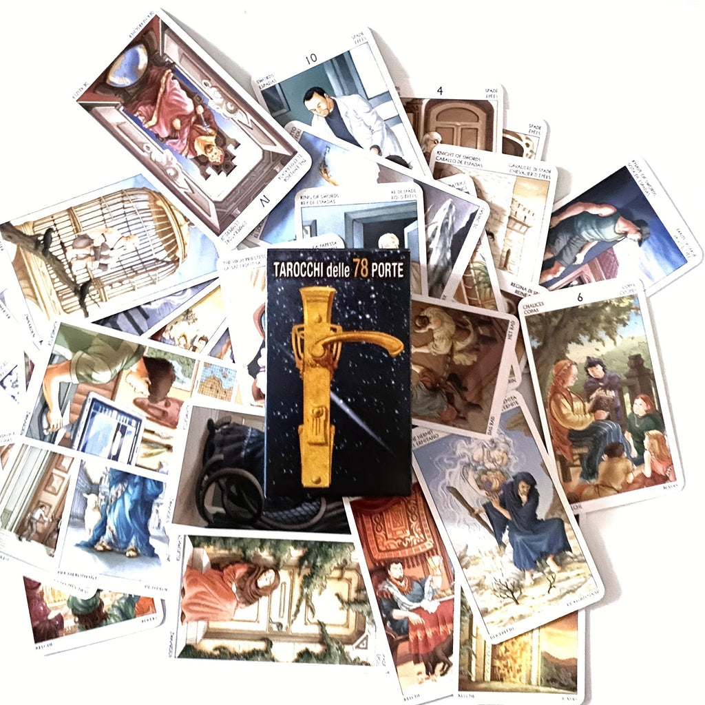 Les cartes du Tarot des 78 portes révèlent le destin lors d'une soirée en famille autour d'une table de divination, pour des jeux de société et de divertissement.