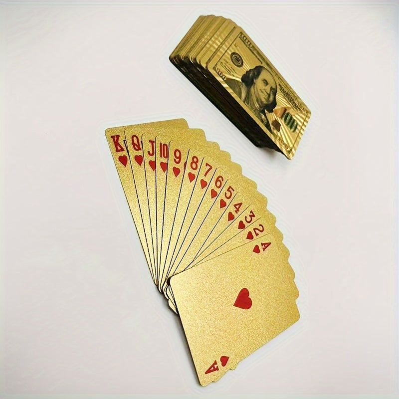 Cartes à Jouer en Feuille d'Or de Luxe avec Design de Dollar Américain - PVC Durable, Étanche & Lavable - Idéales pour Halloween, Noël, Thanksgiving, Oktoberfest et Célébrations du Nouvel An