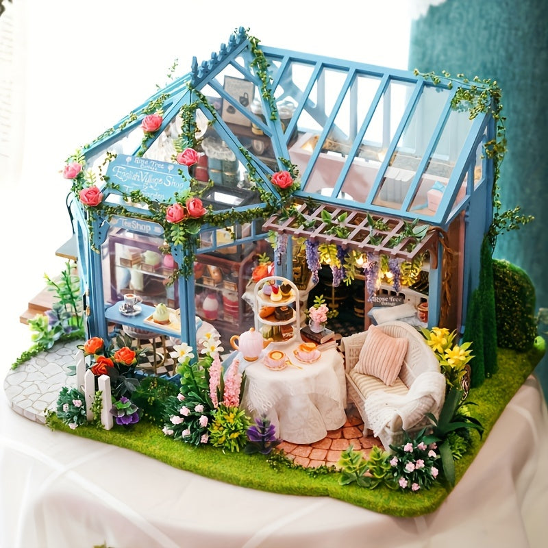 Maison de Thé Jardin Des Roses Faite À La Main, Cabane DIY Villa Jardin, Ornement D'artisanat En Bois, Puzzle Miniature En 3D, Kit de Montage de Scène Miniature, Décorations Pour La Maison, Cadeau D'anniversaire Créatif, Cadeau de La Saint-Valentin