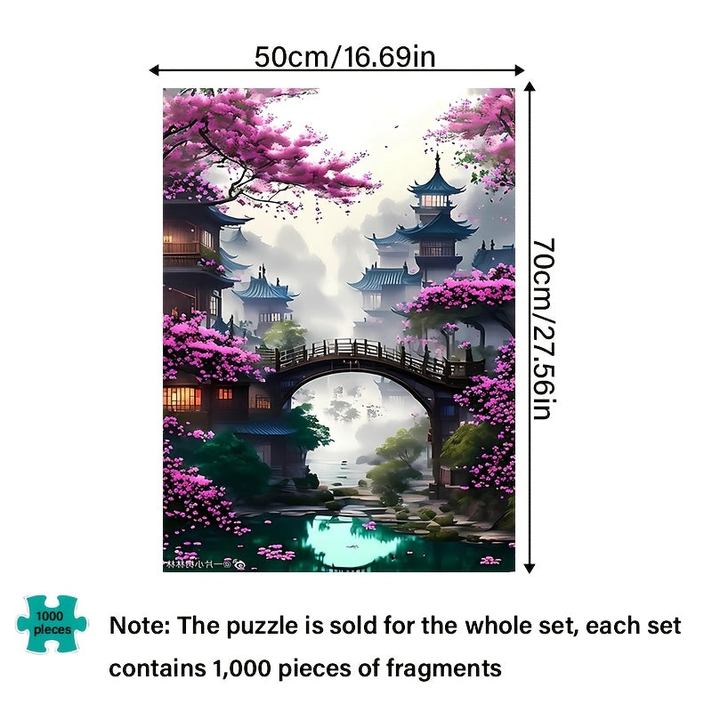 Puzzle Grand Défi 1000 pièces - Scène asiatique vibrante avec cerisiers en fleurs et pagodes, papier épais et résistant, art décoratif DIY pour amateurs, sans cadre - Cadeau idéal pour anniversaires, fêtes, casse-têtes, parfait pour Noël