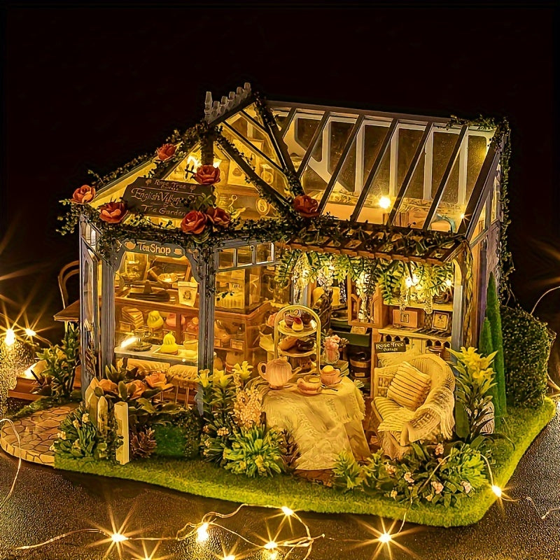 Maison de Thé Jardin Des Roses Faite À La Main, Cabane DIY Villa Jardin, Ornement D'artisanat En Bois, Puzzle Miniature En 3D, Kit de Montage de Scène Miniature, Décorations Pour La Maison, Cadeau D'anniversaire Créatif, Cadeau de La Saint-Valentin