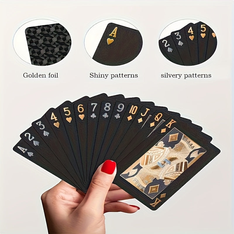1 jeu de Cartes à Jouer en Feuille d'Or Noir Étanche - Ensemble de Jeux de Cartes de Table en Plastique Résistant